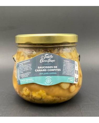 Saucisse de canard confites aux pois carrés