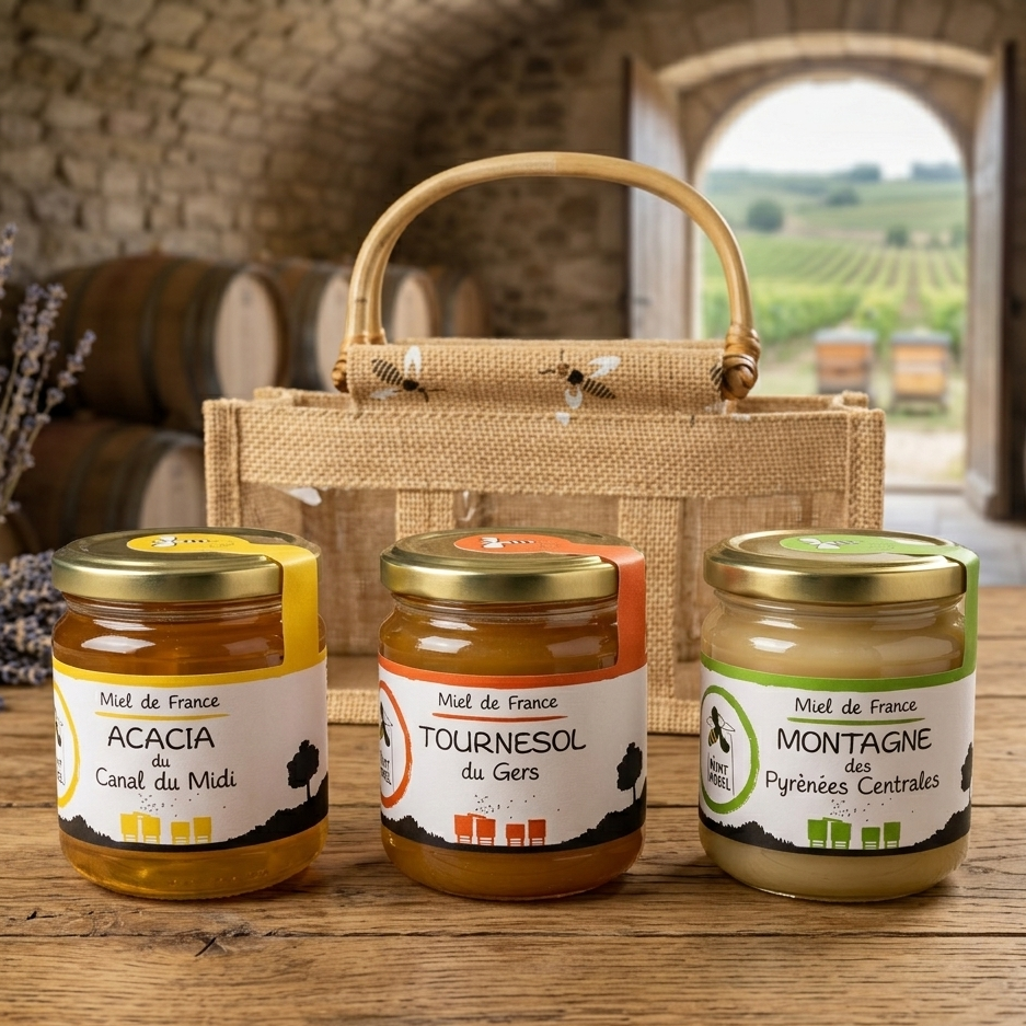 Coffret gourmand 3 miels Acacia, Montagne et Tournesol