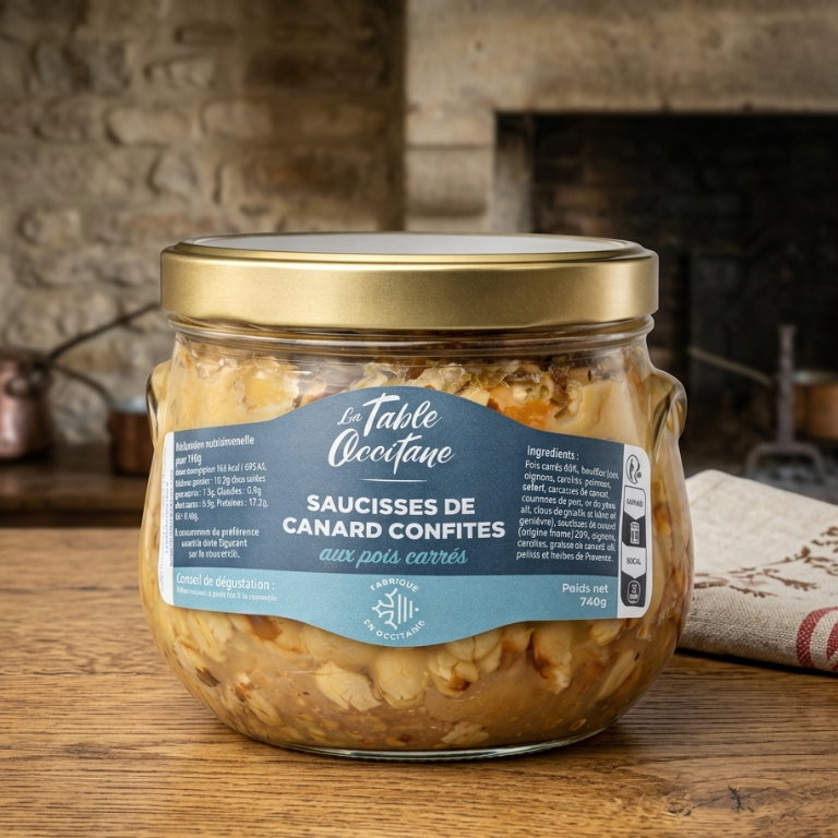 Saucisse de canard confites aux pois carrés – Recette Artisanale du Terroir – 740g