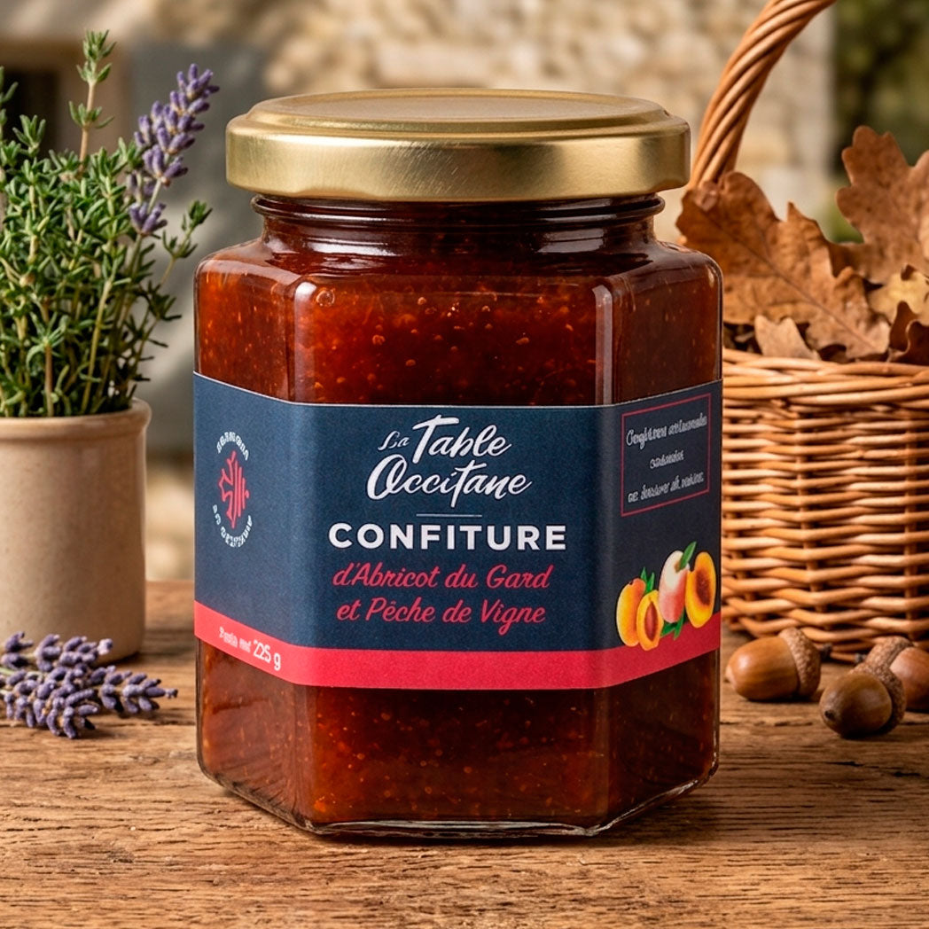 Confiture Abricot du Gard & Pêche de Vigne – Artisanale – 225g